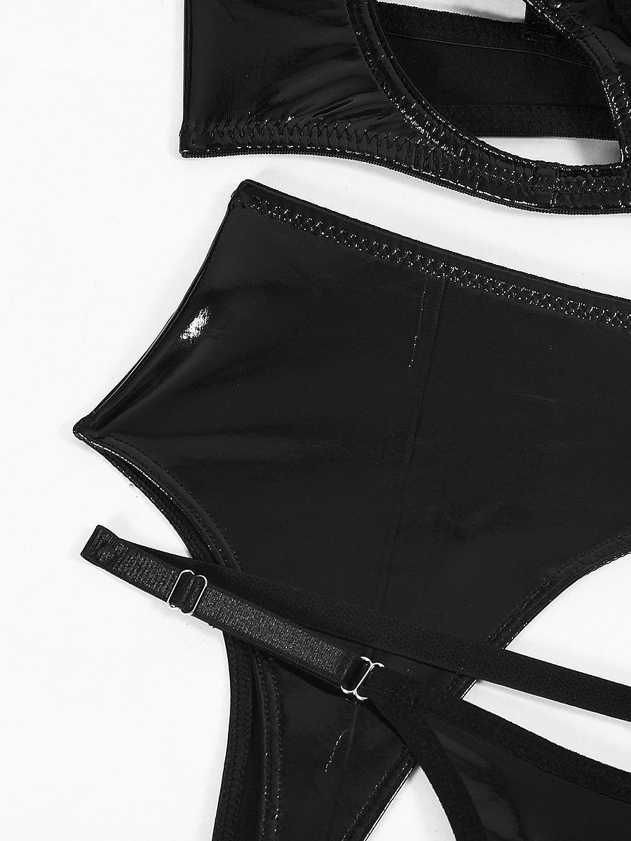 Sexy patent leather lingerie garter set four piece