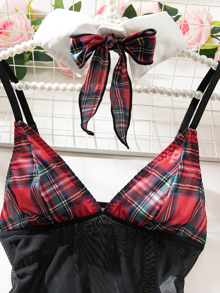 New style bow tie design sheer mesh bodysuit and stockings five-piece set.