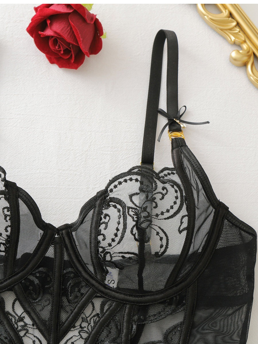 Sexy Sheer Mesh Embroidered Lingerie Set with Garter Ring and Gloves