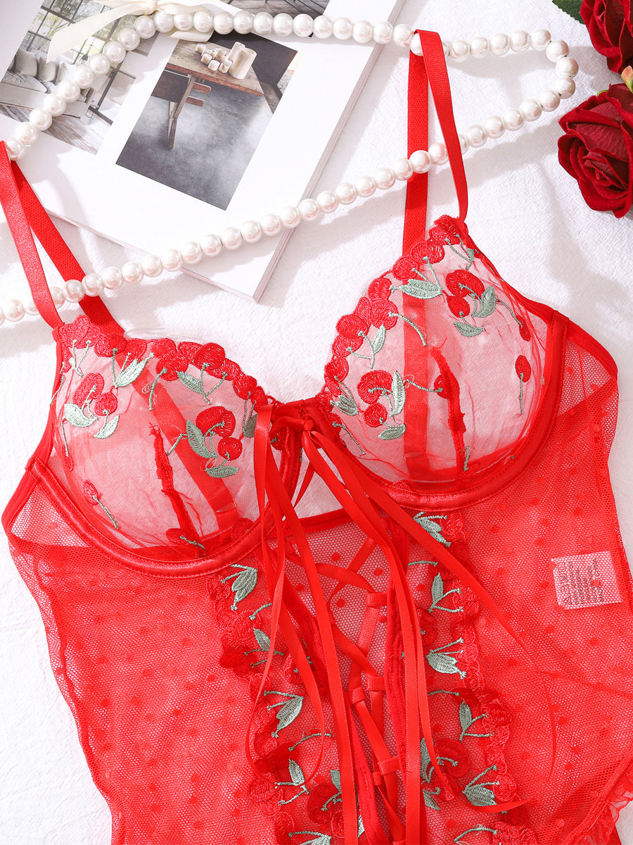 Sexy red lace embroidered bodysuit