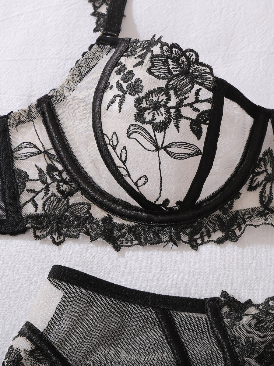 New Floral Embroidered & Mesh Sexy Lingerie 3-Piece Set