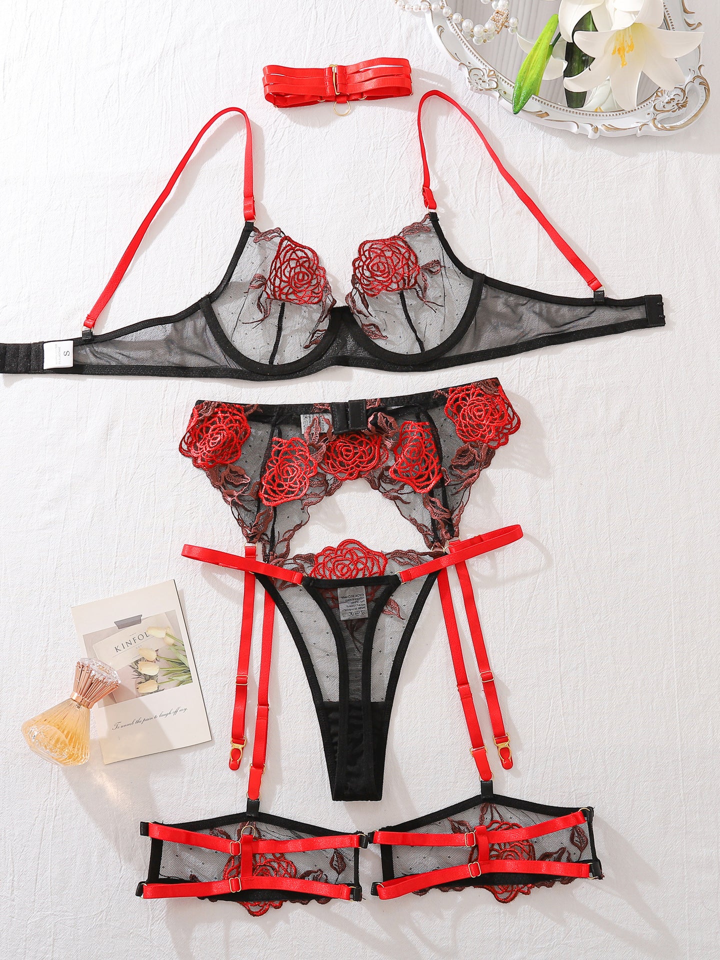 New hot selling sexy rose embroidered underwear five-piece set