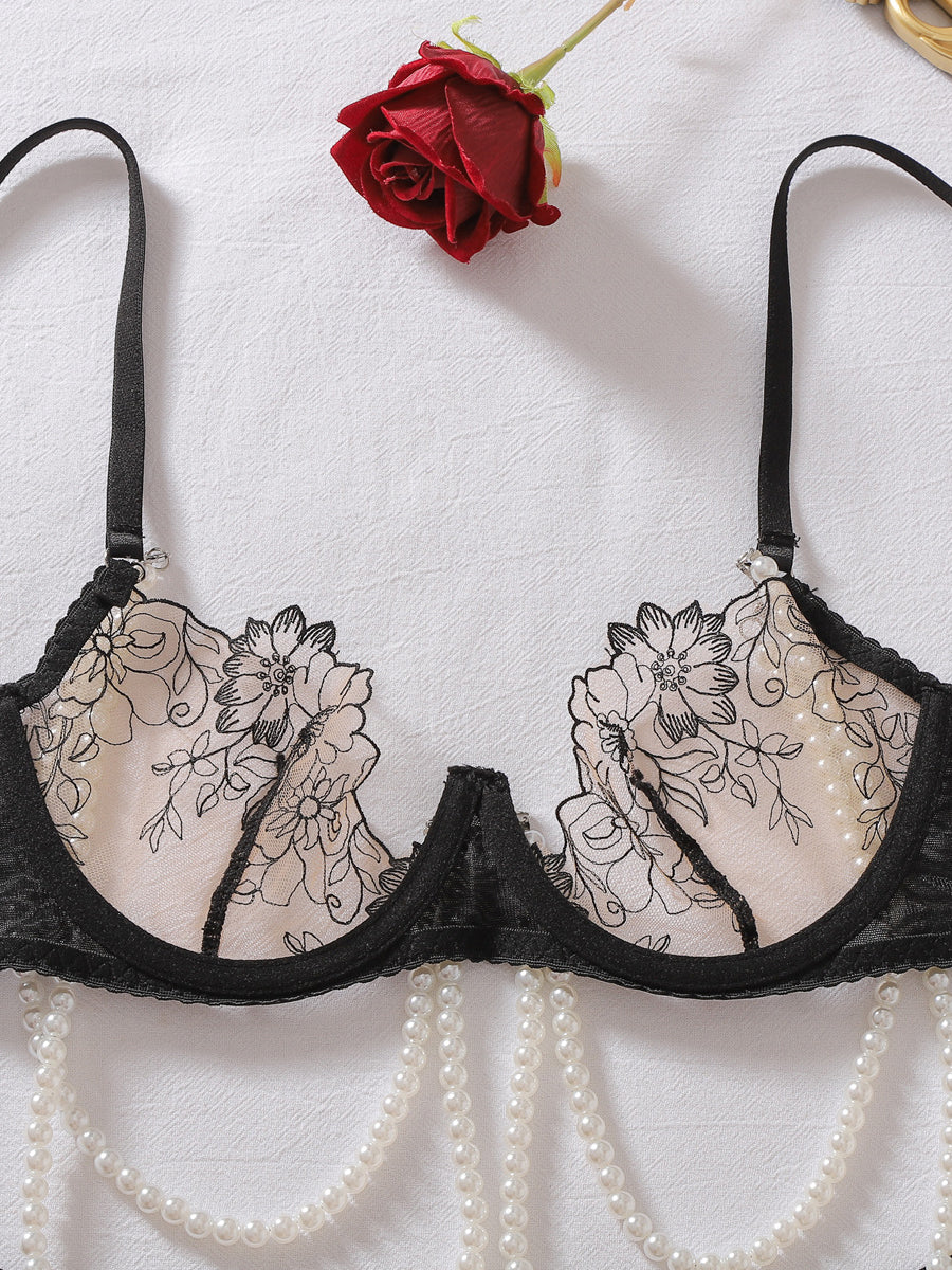 Sexy sheer floral-embroidered lingerie set with pearl chain detailing