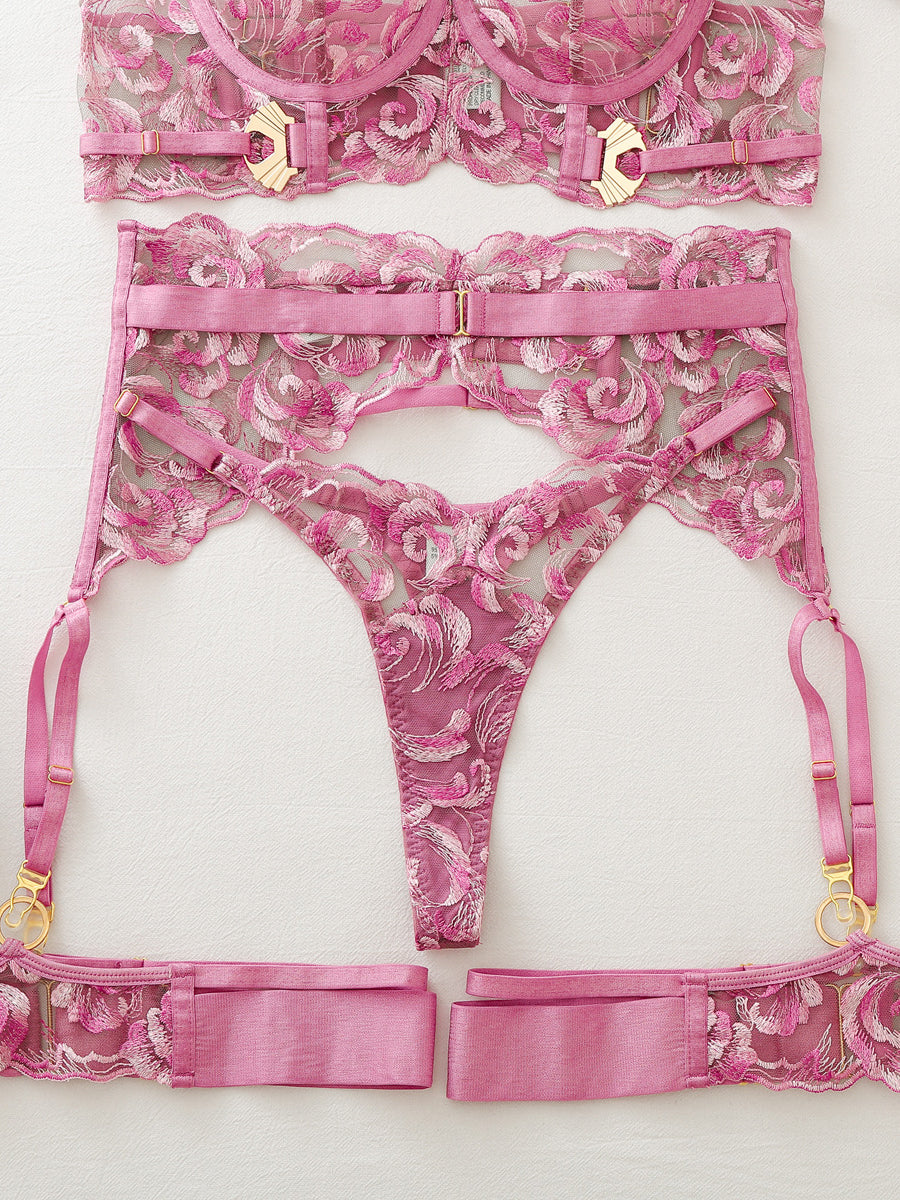 Sexy, elaborately embroidered floral bustier and leg garter set