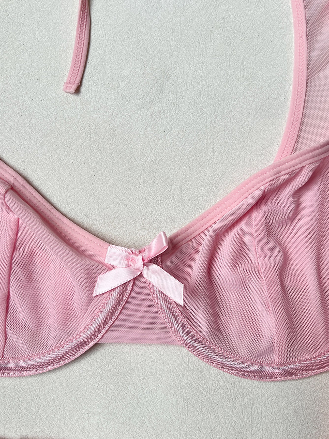 Sexy Pink Lace Bow Mesh Lingerie Three-Piece Set