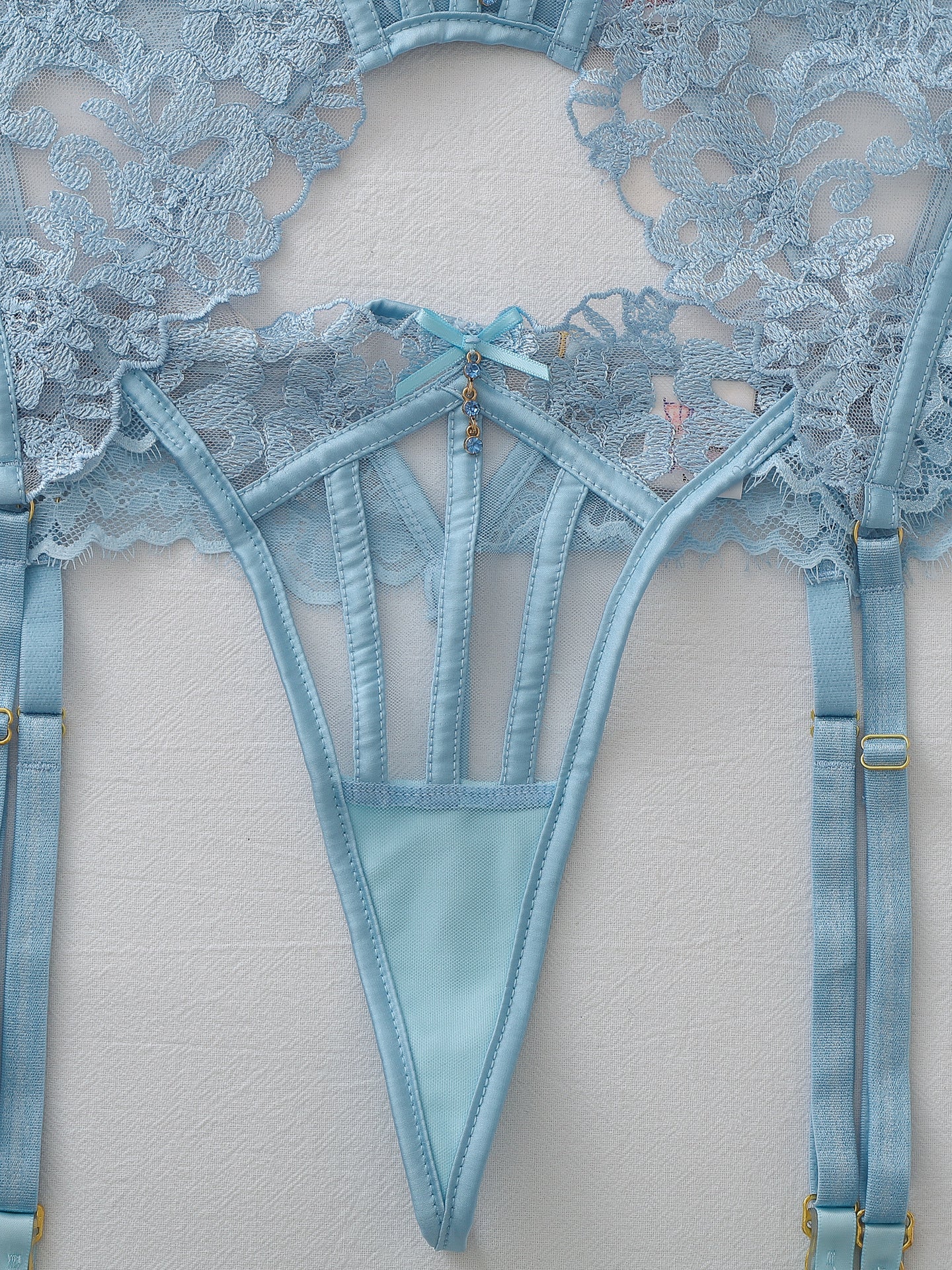 Sexy Rhinestone Pendant Lace Floral Embroidery Shapewear Lingerie Set
