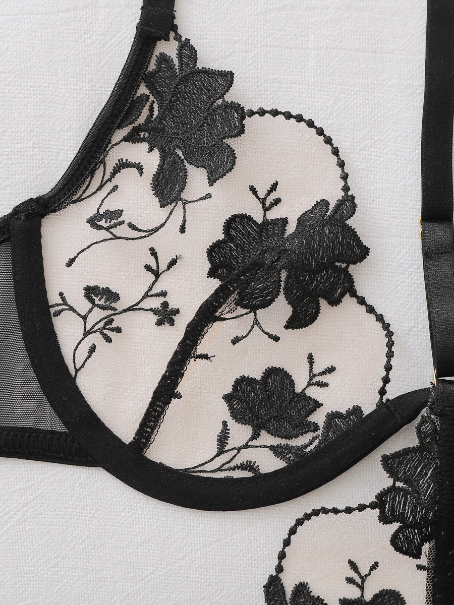 Floral Embroidered Sheer Halter-Neck Body-Shaping Sexy Two-Piece Lingerie Set