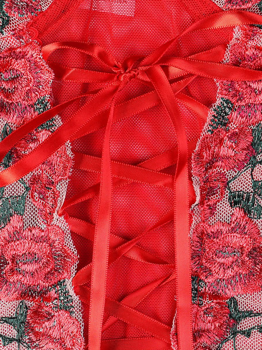 Flower embroidery cross strap sexy lingerie fun red three piece set