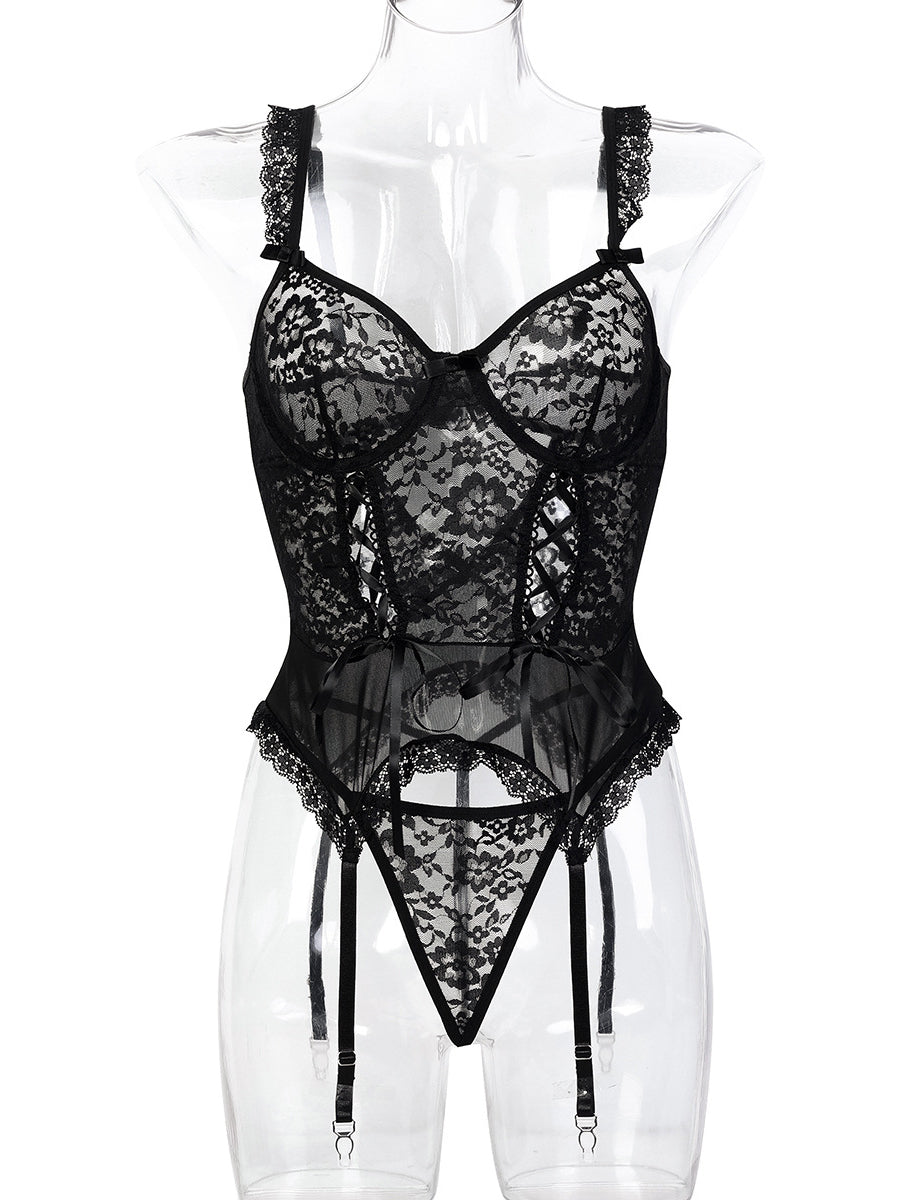Hot sale sexy black lace lingerie 4 piece set with stockings