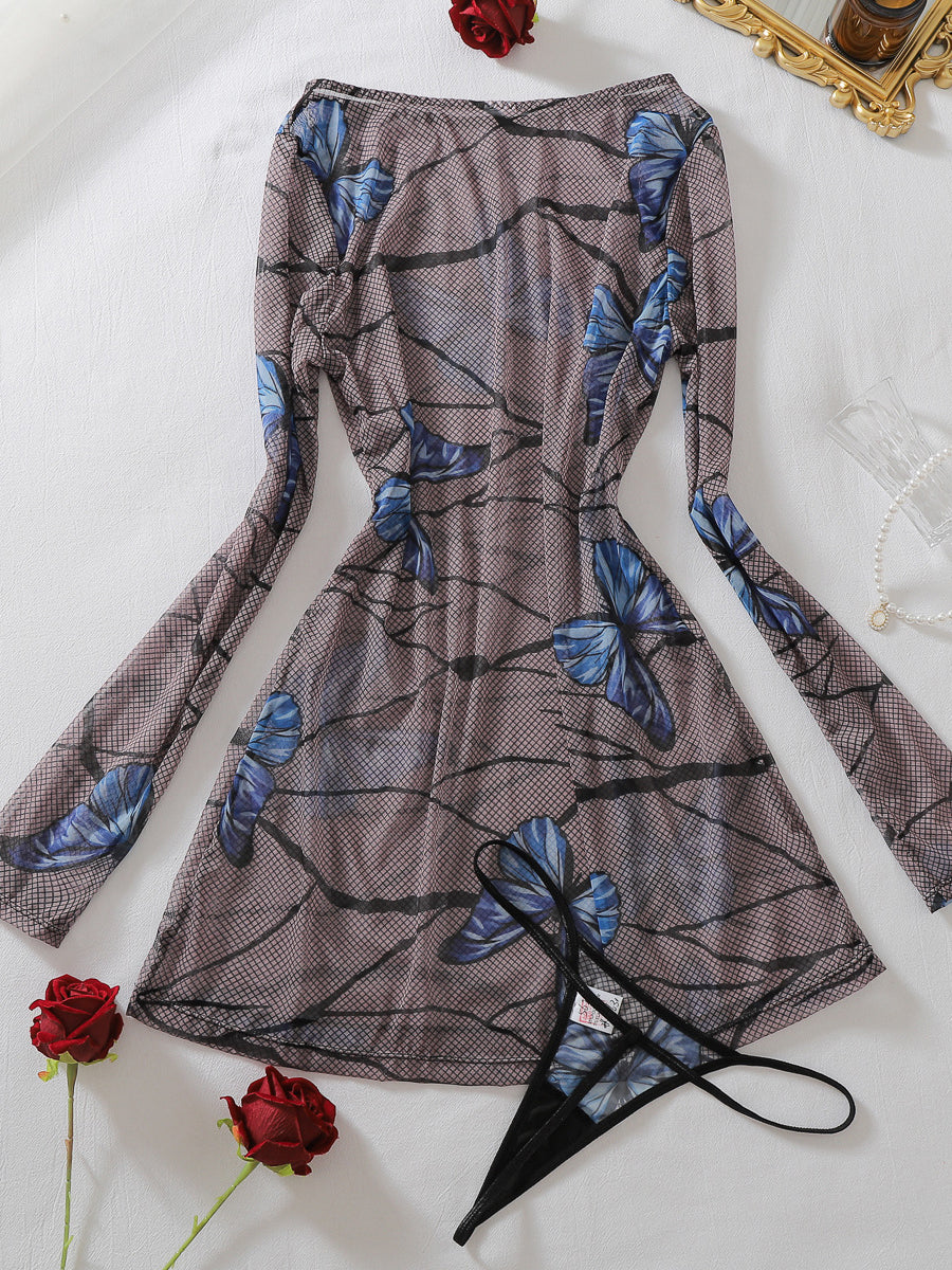 Sexy Sheer Long-Sleeve Dress with Butterfly Print and Thong Set