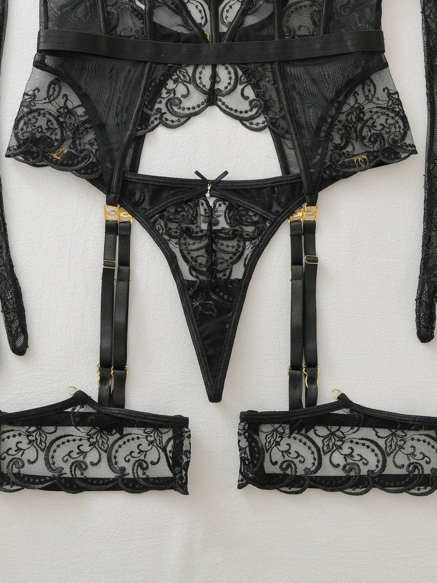 Sexy Sheer Mesh Embroidered Lingerie Set with Garter Ring and Gloves