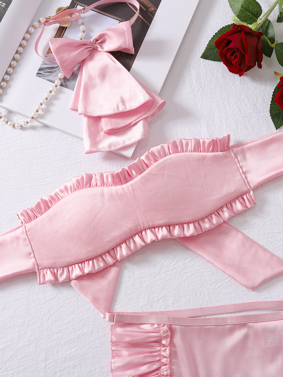 Sexy pink halter neck sexy underwear four piece set