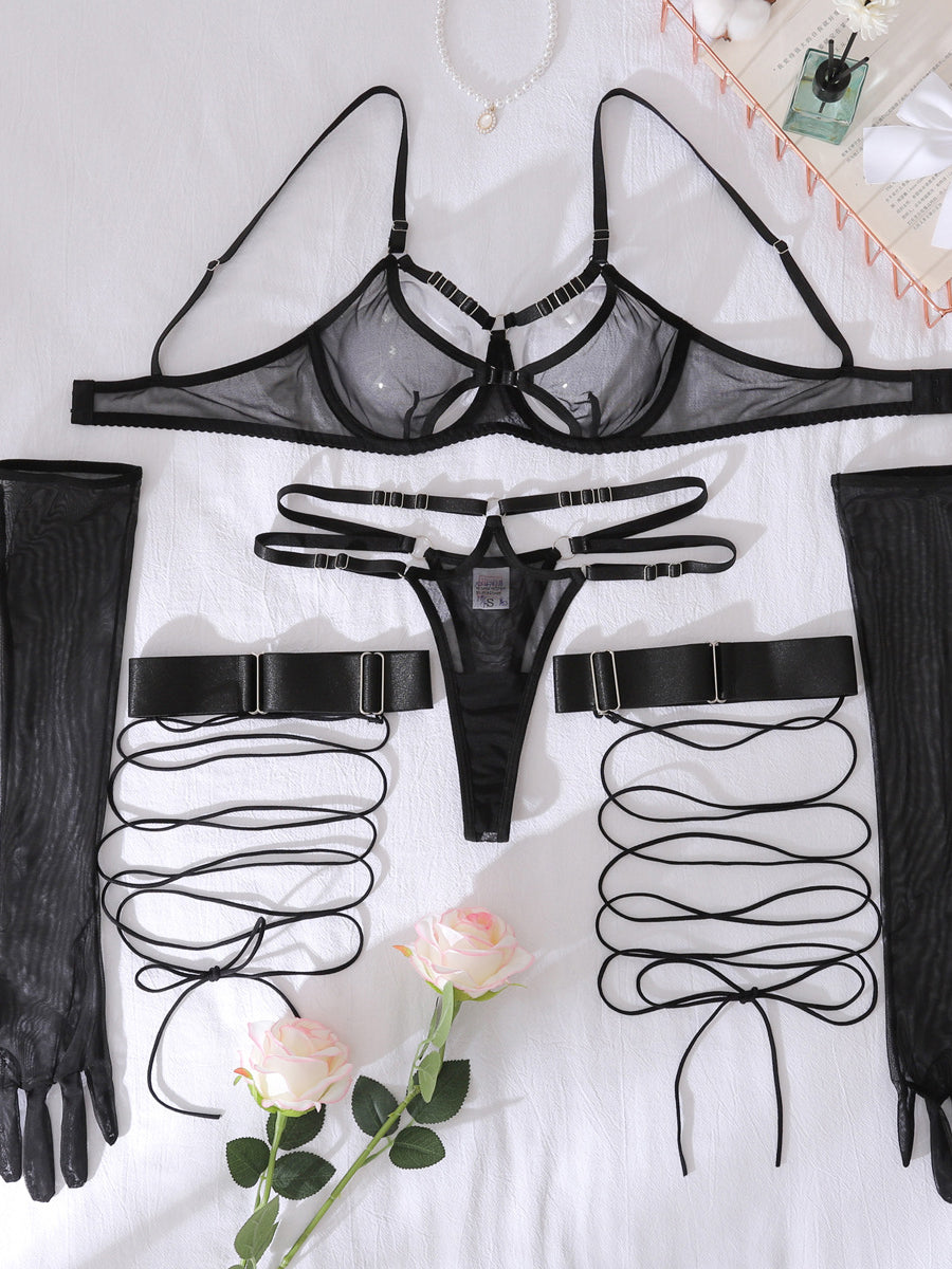 Sexy lingerie gloves stockings set