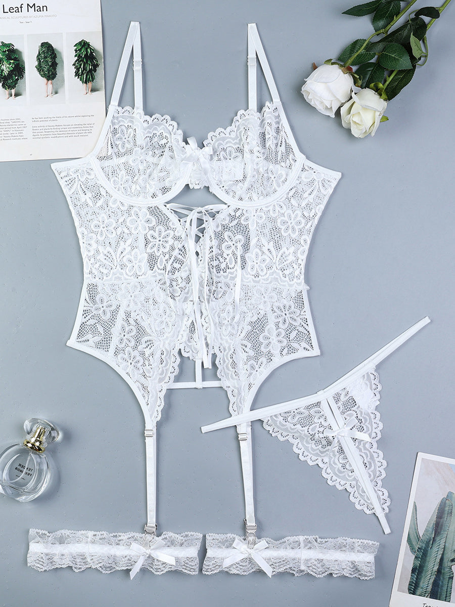 Lace cross strap white sexy lingerie set suspenders sexy three piece set