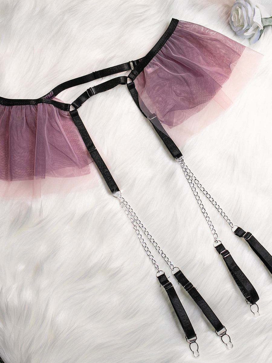Sexy lingerie embroidered flower metal pendant four-piece set