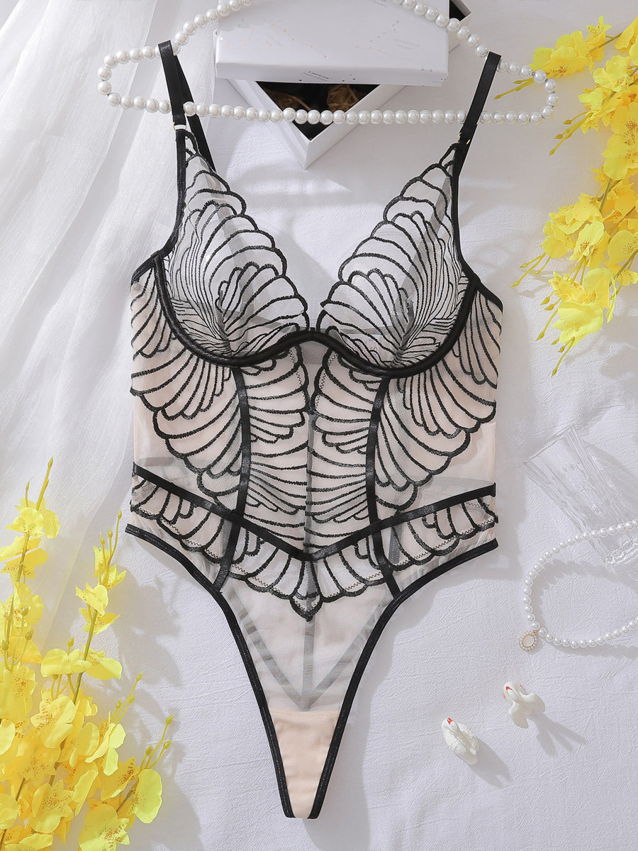 Sexy geometric embroidered lace bodysuit