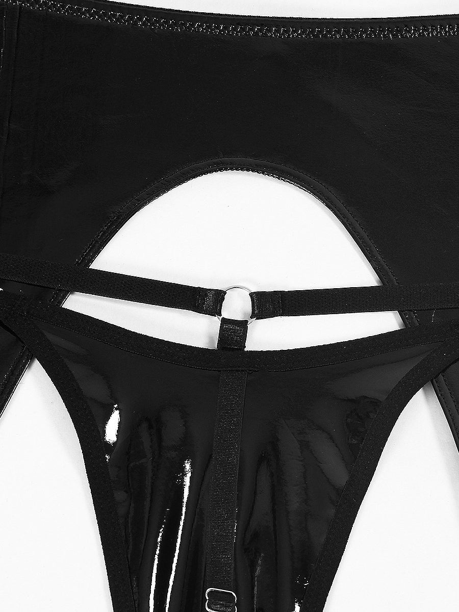 Sexy patent leather lingerie garter set four piece