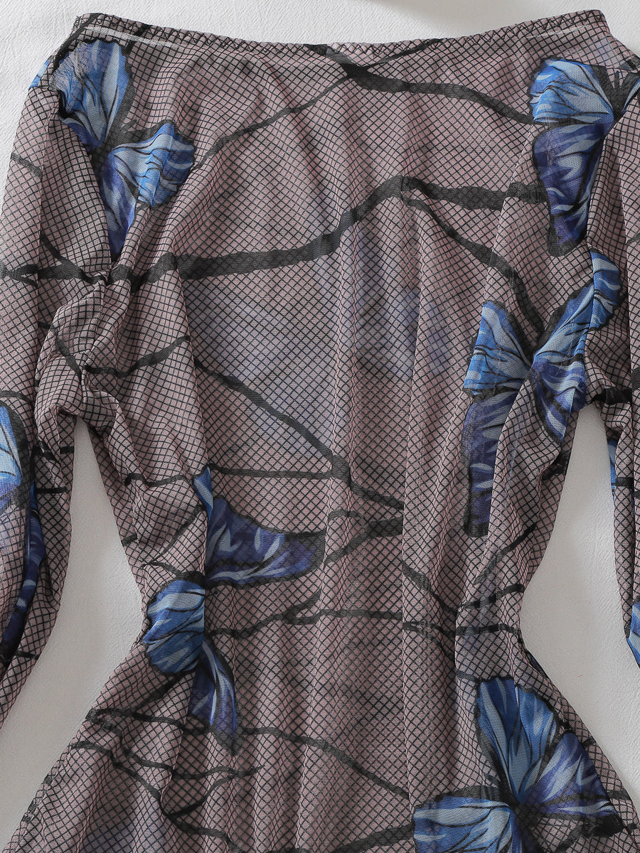 Sexy Sheer Long-Sleeve Dress with Butterfly Print and Thong Set
