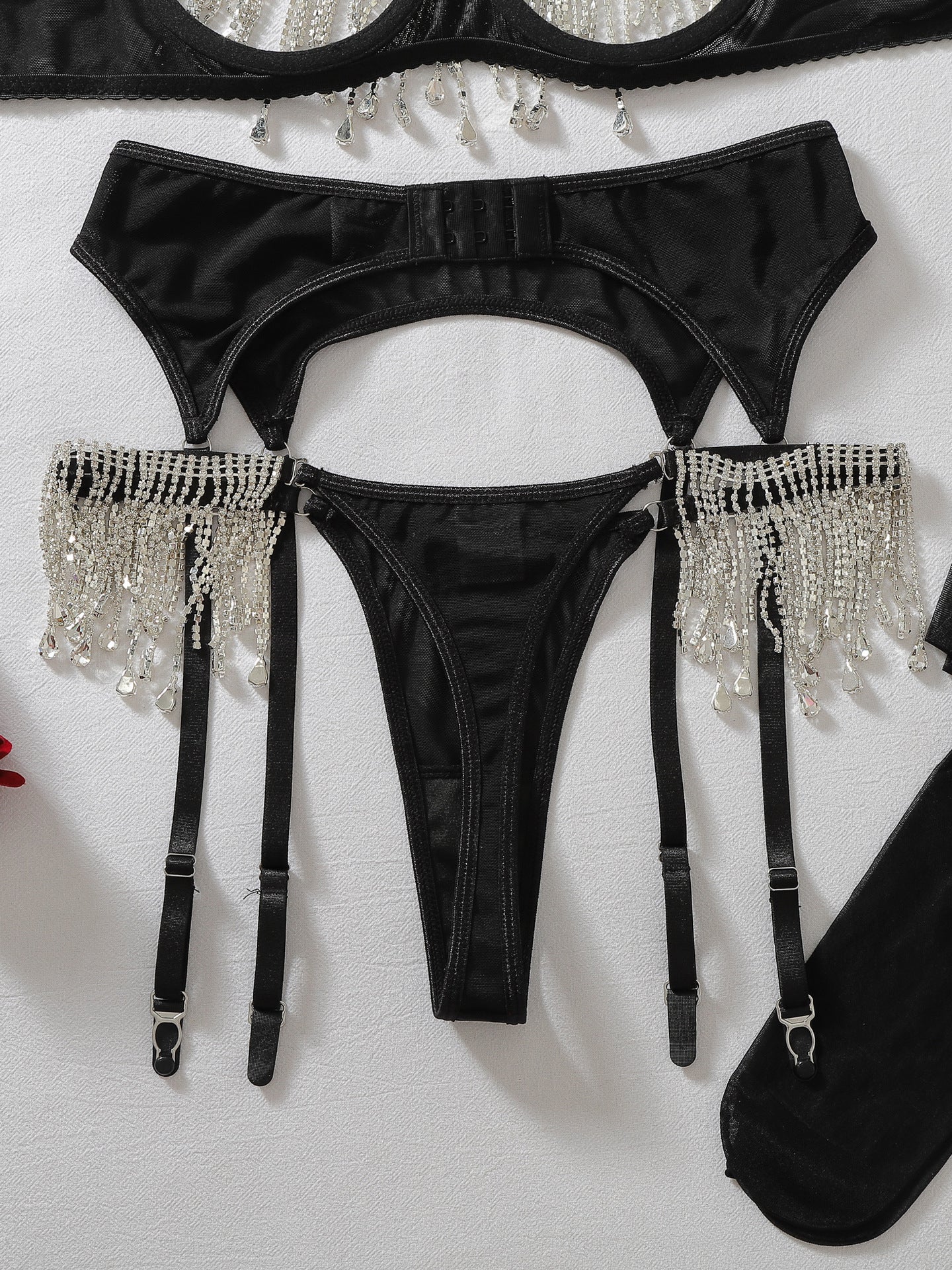 Sexy shapewear and stockings set featuring teardrop rhinestone tassel embellishments.