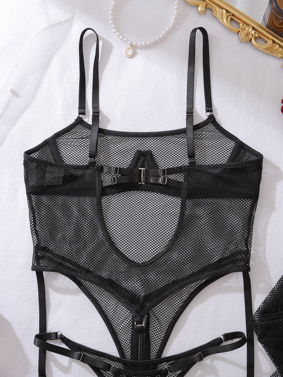Sexy sheer cutout mesh lingerie set with fishnet stockings