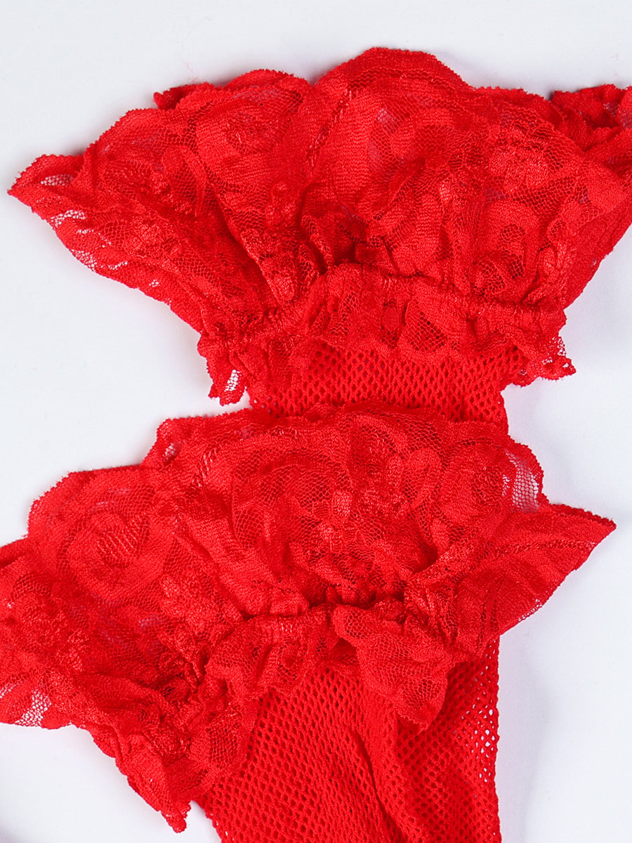 Flower embroidery cross strap sexy lingerie fun red three piece set