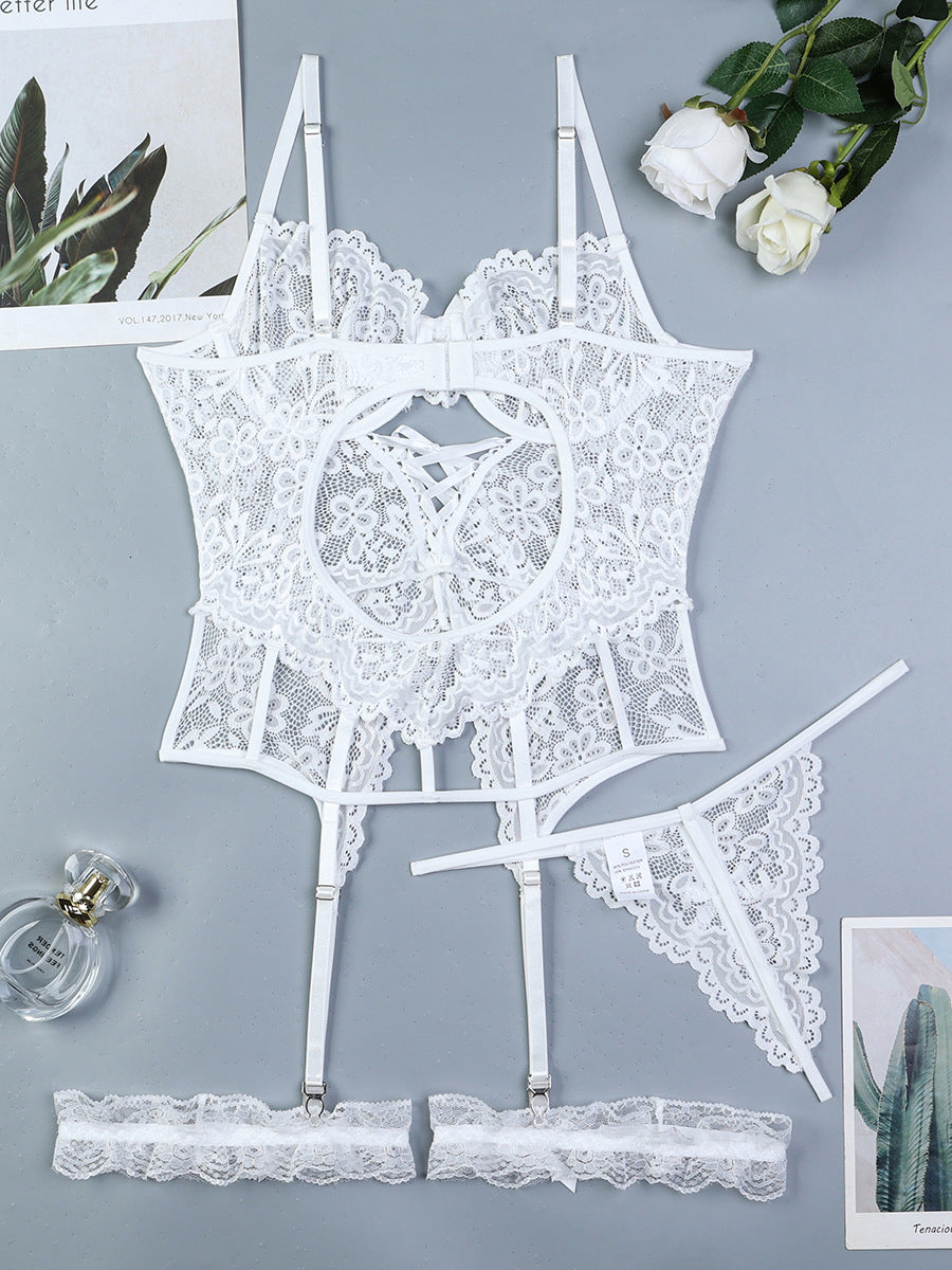 Lace cross strap white sexy lingerie set suspenders sexy three piece set