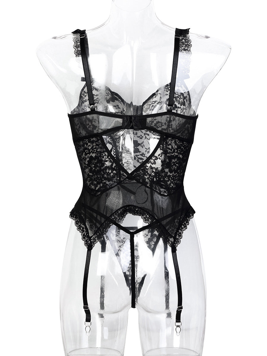 Hot sale sexy black lace lingerie 4 piece set with stockings