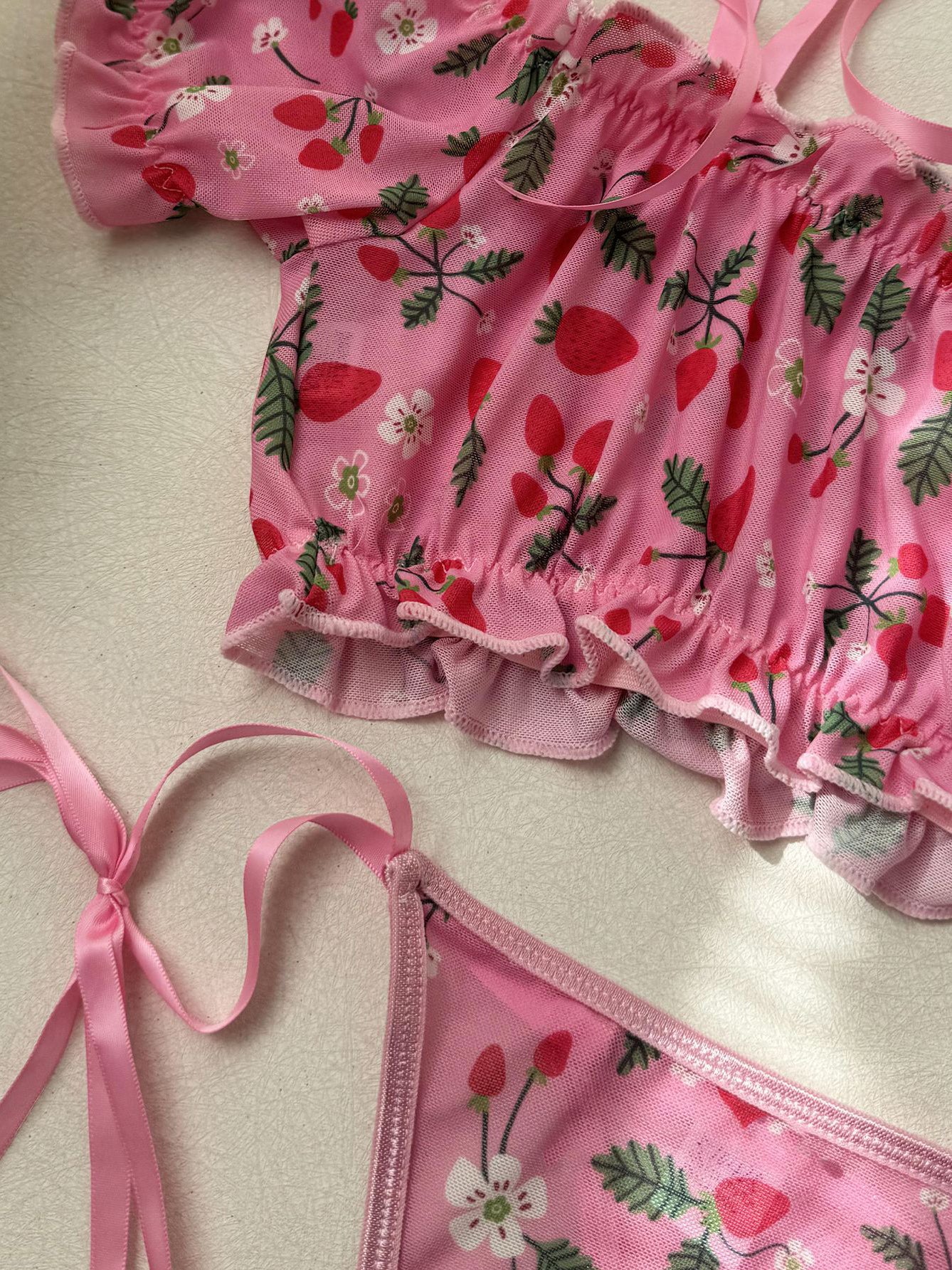 Ribbon off-shoulder cute pink cherry lingerie two-piece set