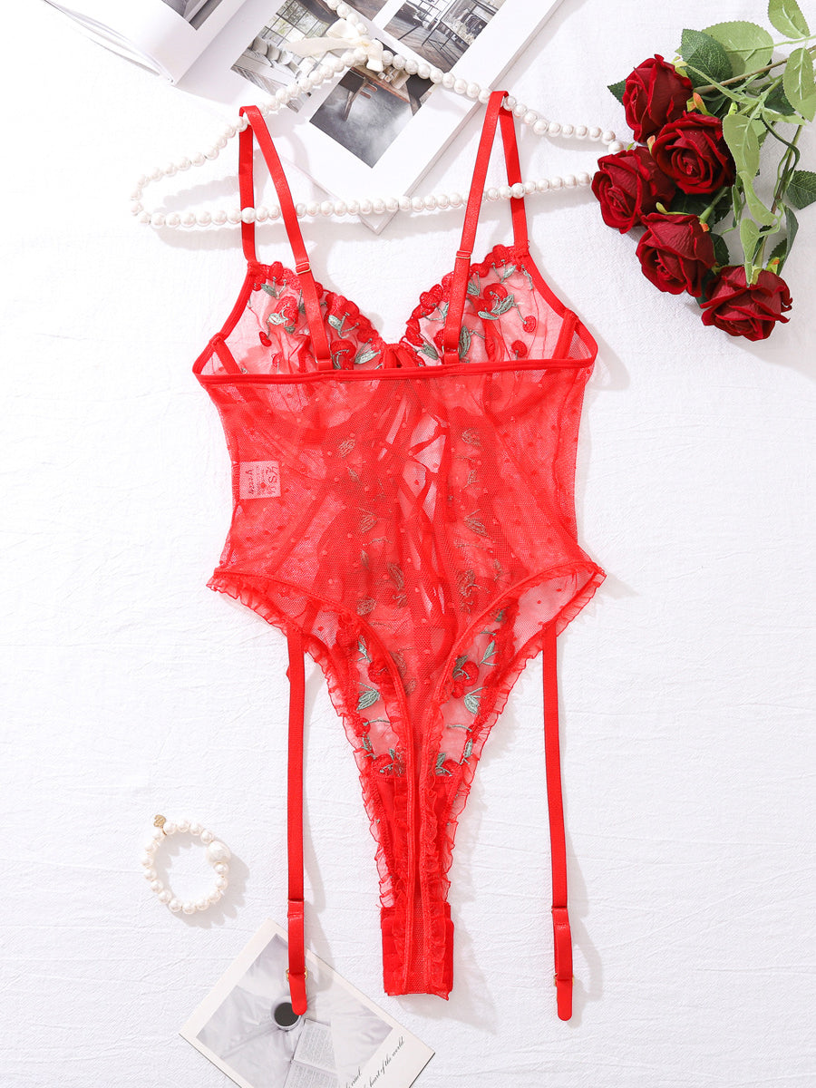 Sexy red lace embroidered bodysuit