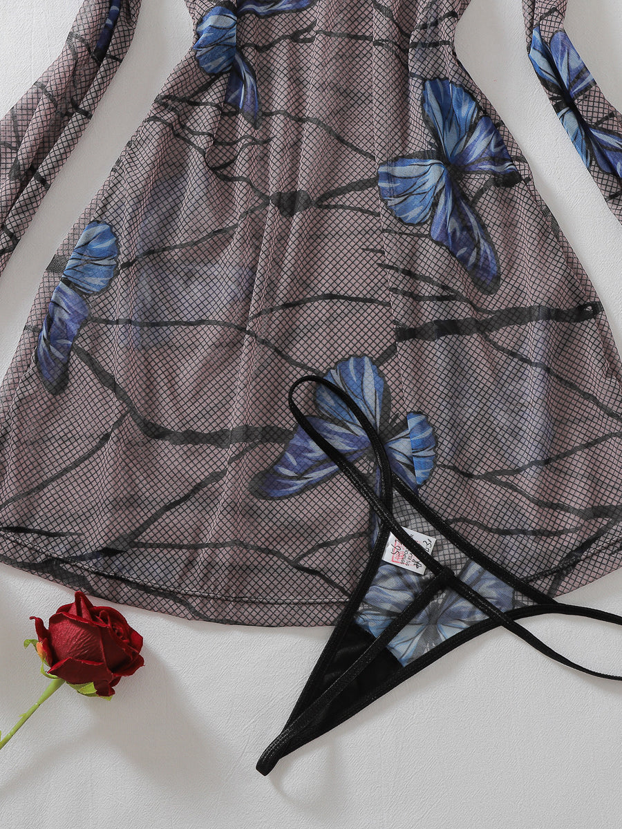 Sexy Sheer Long-Sleeve Dress with Butterfly Print and Thong Set