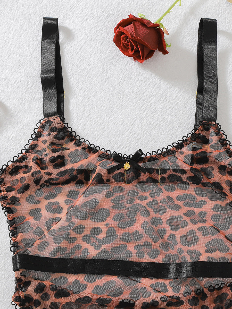 Sexy sheer leopard-print bodysuit featuring a bow, open-crotch design, gloves, and thigh-high stockings.