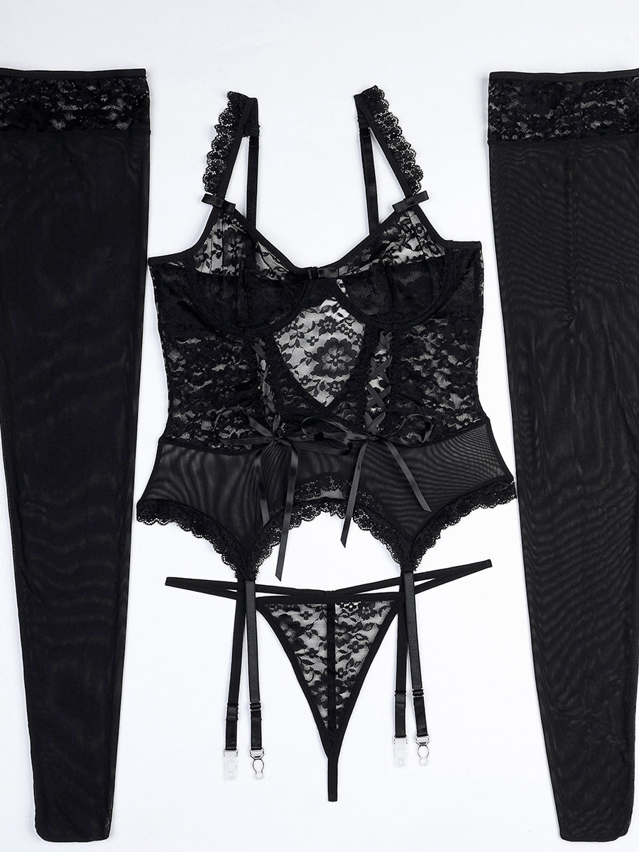 Hot sale sexy black lace lingerie 4 piece set with stockings