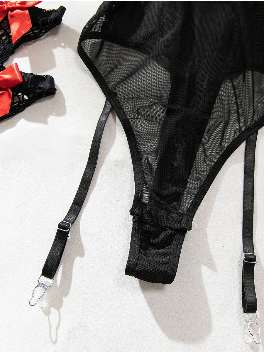 New style bow tie design sheer mesh bodysuit and stockings five-piece set.