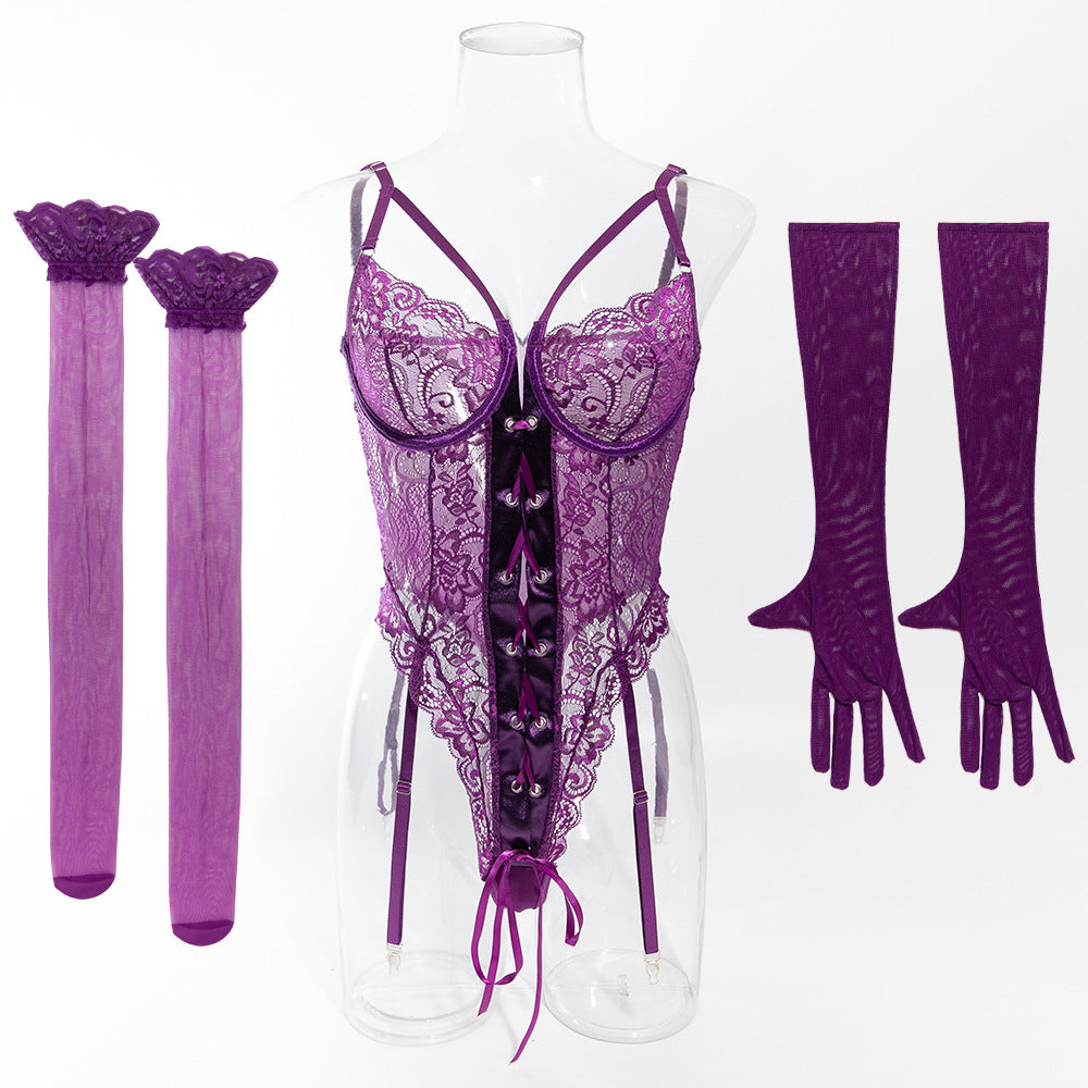 Sexy erotic bodysuit with lace trim, gloves and stockings