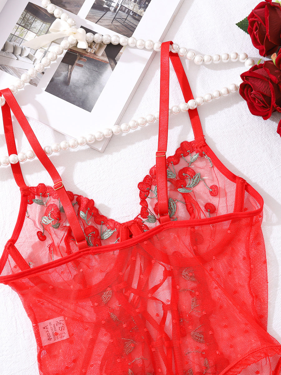 Sexy red lace embroidered bodysuit