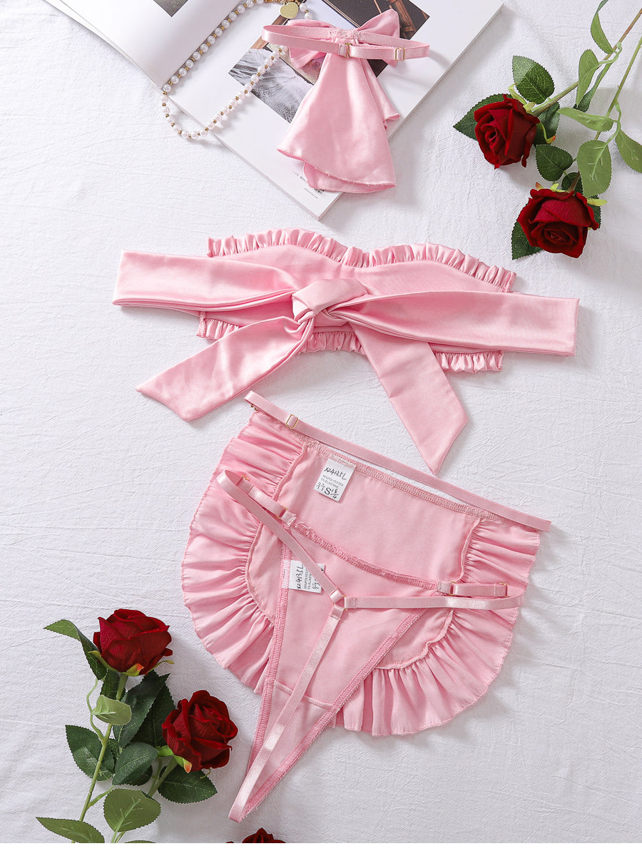 Sexy pink halter neck sexy underwear four piece set
