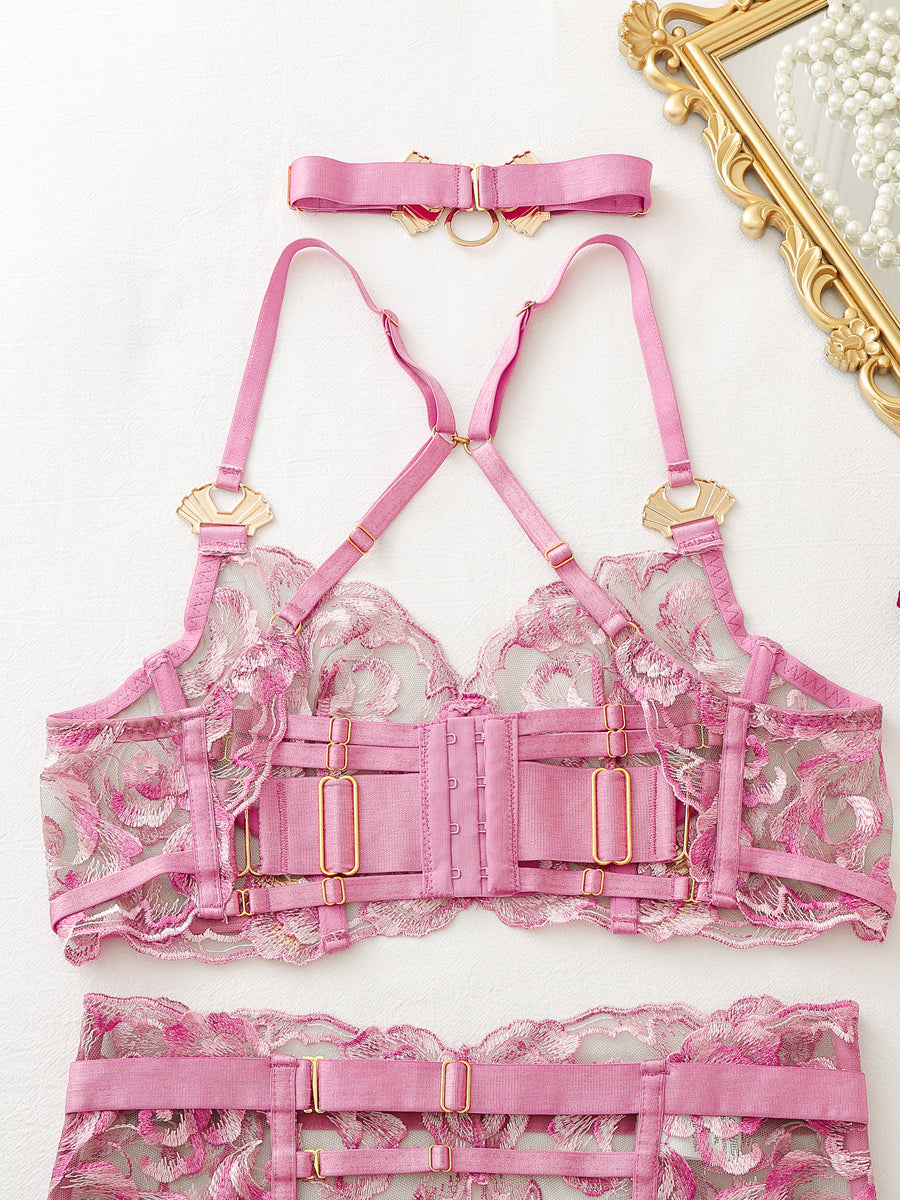 Sexy, elaborately embroidered floral bustier and leg garter set