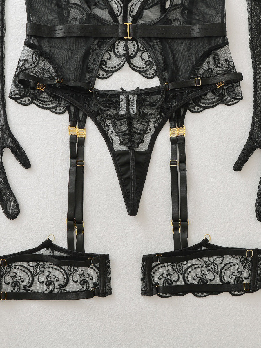Sexy Sheer Mesh Embroidered Lingerie Set with Garter Ring and Gloves