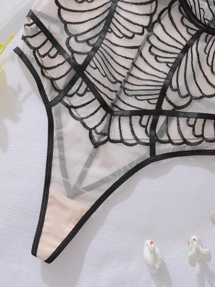 Sexy geometric embroidered lace bodysuit