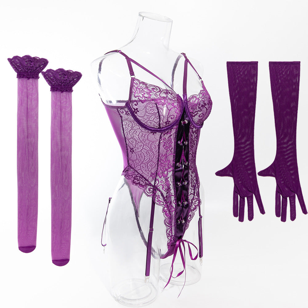 Sexy erotic bodysuit with lace trim, gloves and stockings