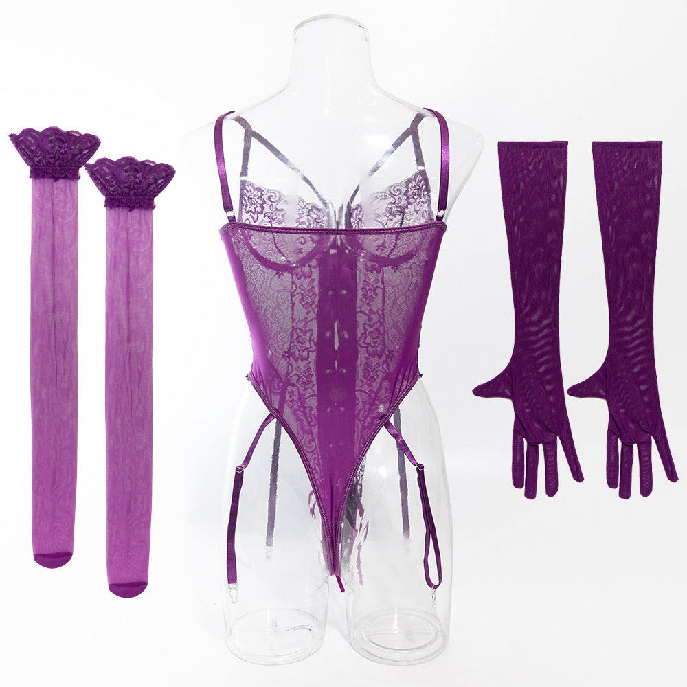 Sexy erotic bodysuit with lace trim, gloves and stockings