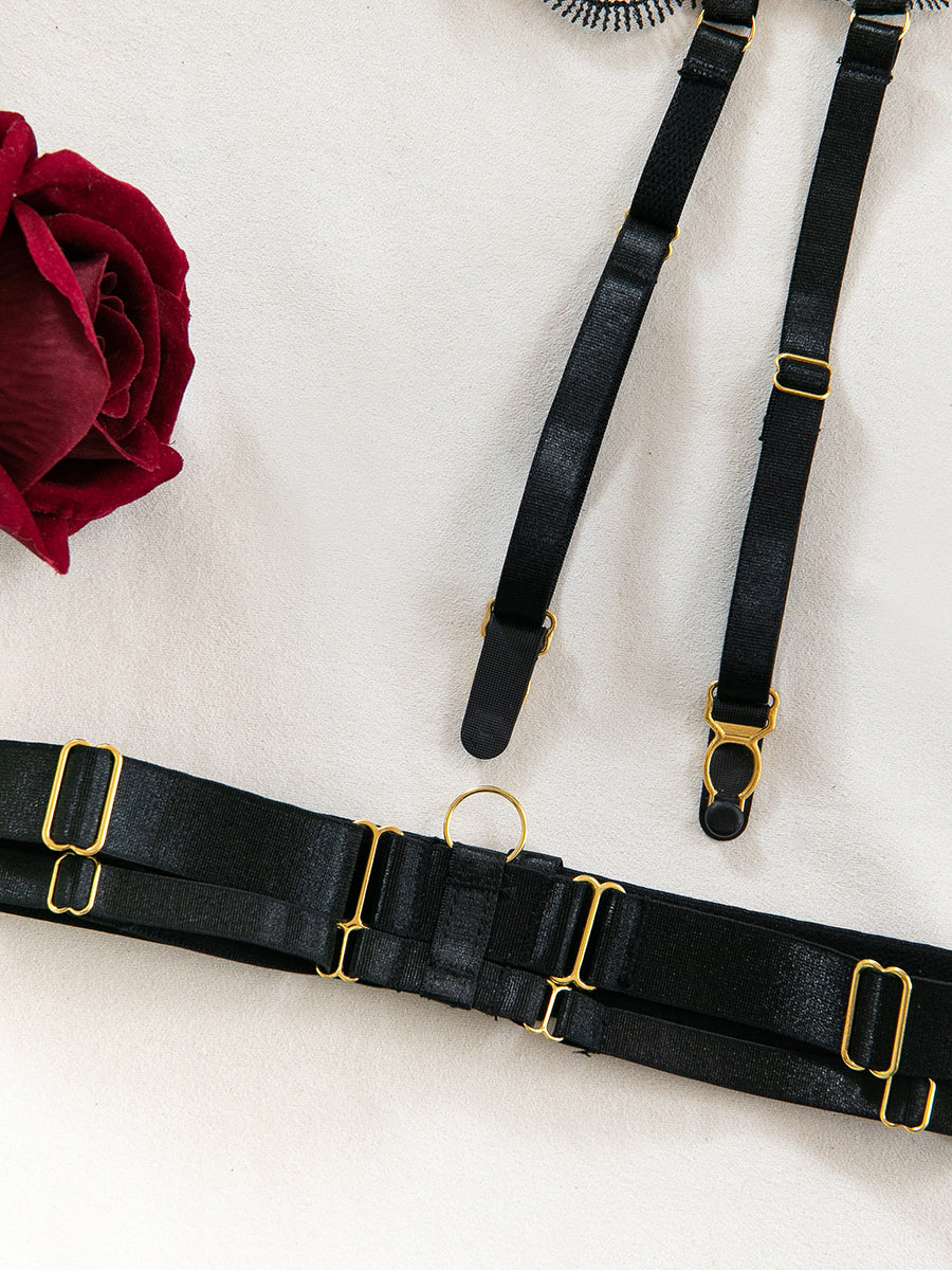 Hot sexy lingerie embroidery splicing garter mesh five-piece set
