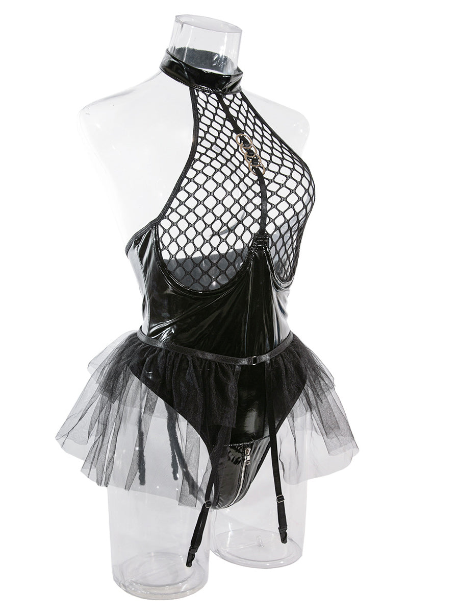 Sexy PU Sexy Lingerie Mesh Puffy Skirt Garter Bodysuit Set