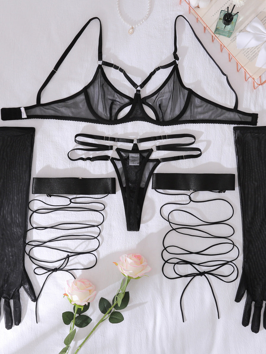 Sexy lingerie gloves stockings set