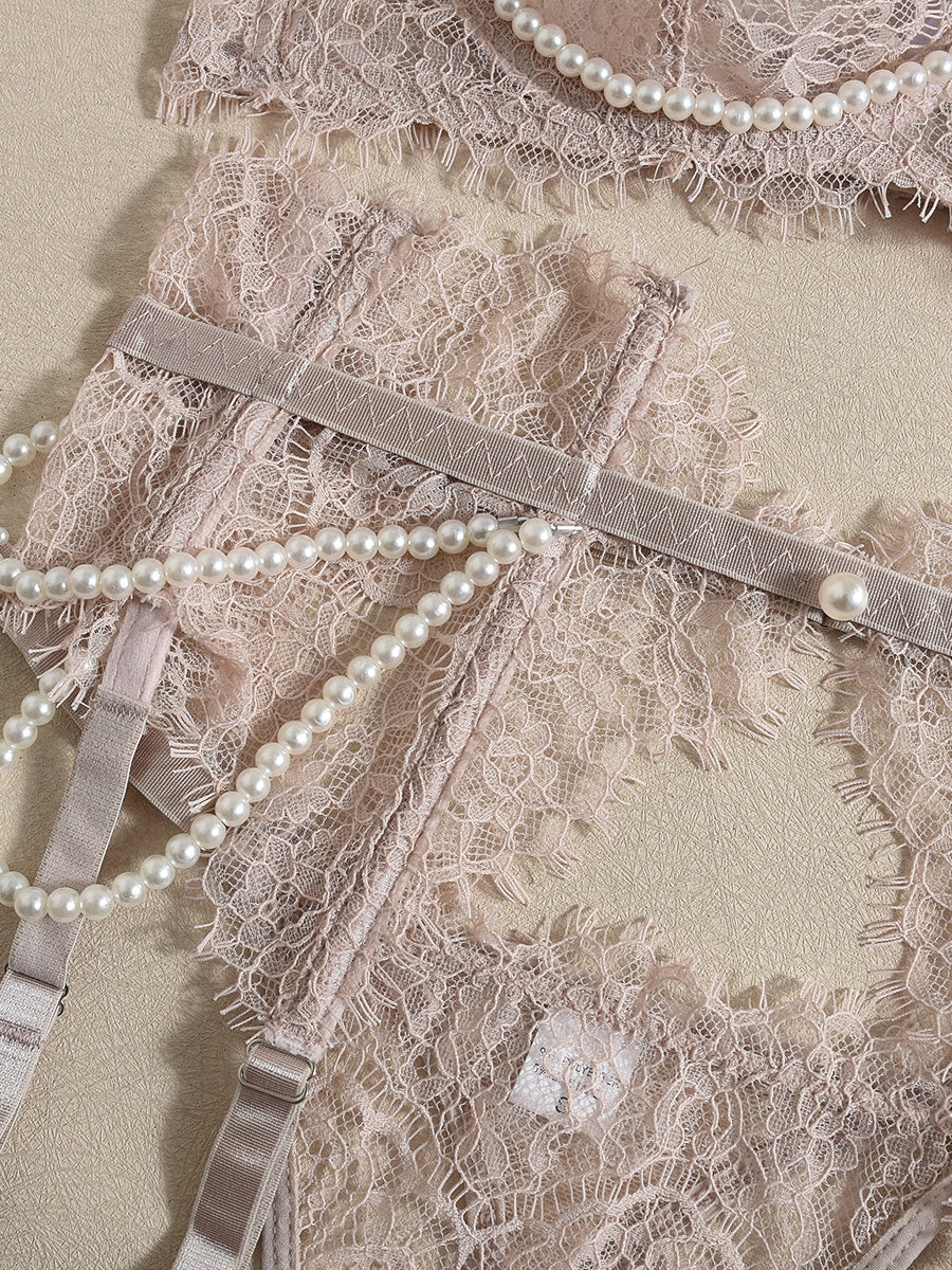 Elegant and sexy pearl detachable fish bone waist eyelash lace underwear set