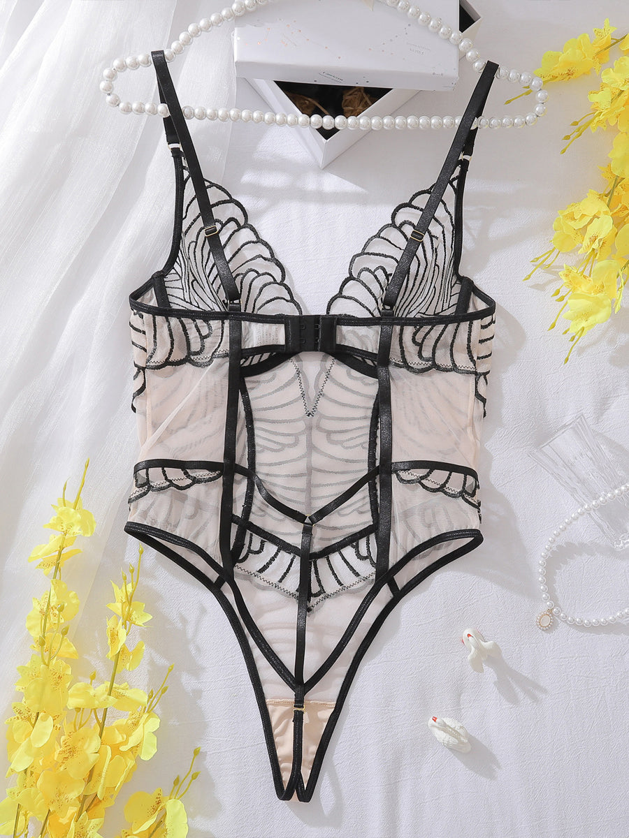 Sexy geometric embroidered lace bodysuit