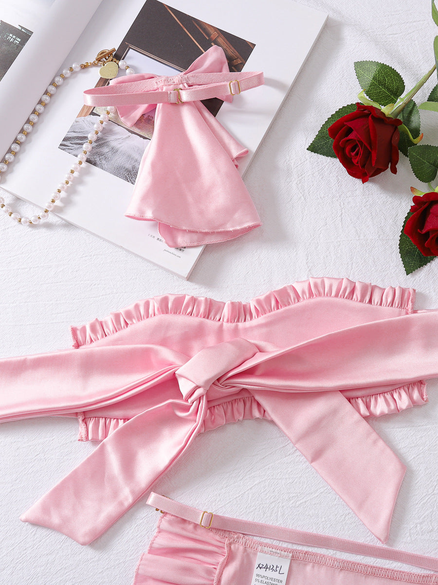 Sexy pink halter neck sexy underwear four piece set