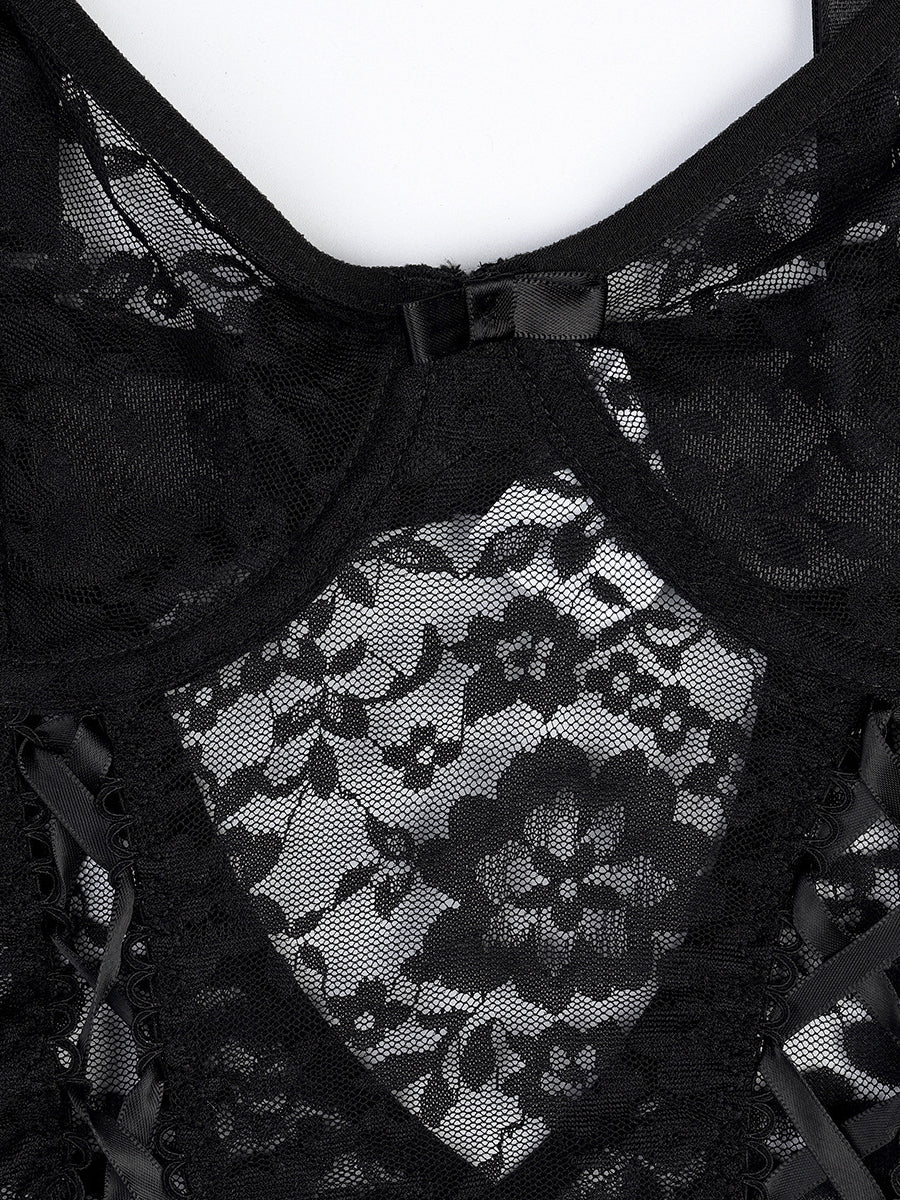 Hot sale sexy black lace lingerie 4 piece set with stockings