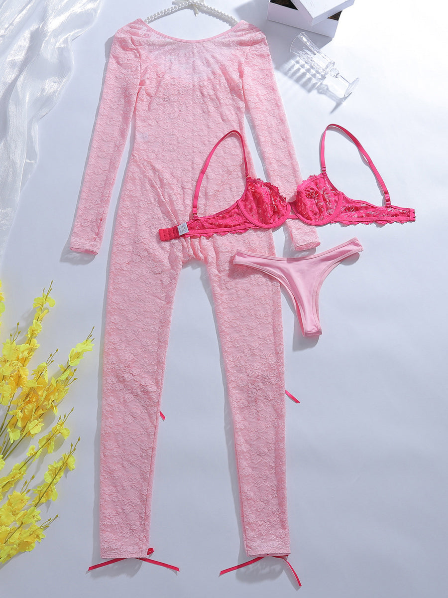 New sexy hollow-out floral long-sleeved lace bodysuit lingerie set