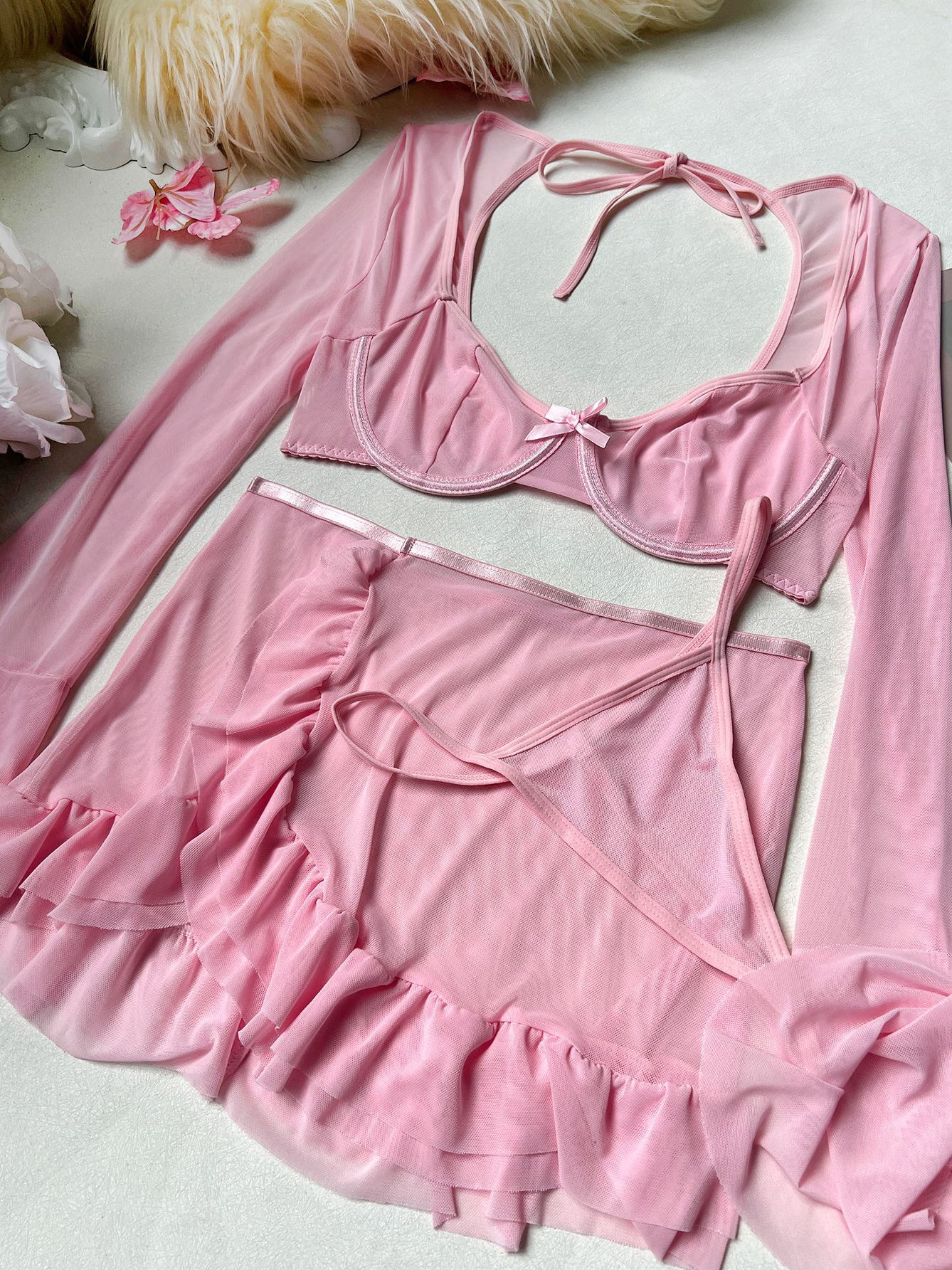 Sexy Pink Lace Bow Mesh Lingerie Three-Piece Set